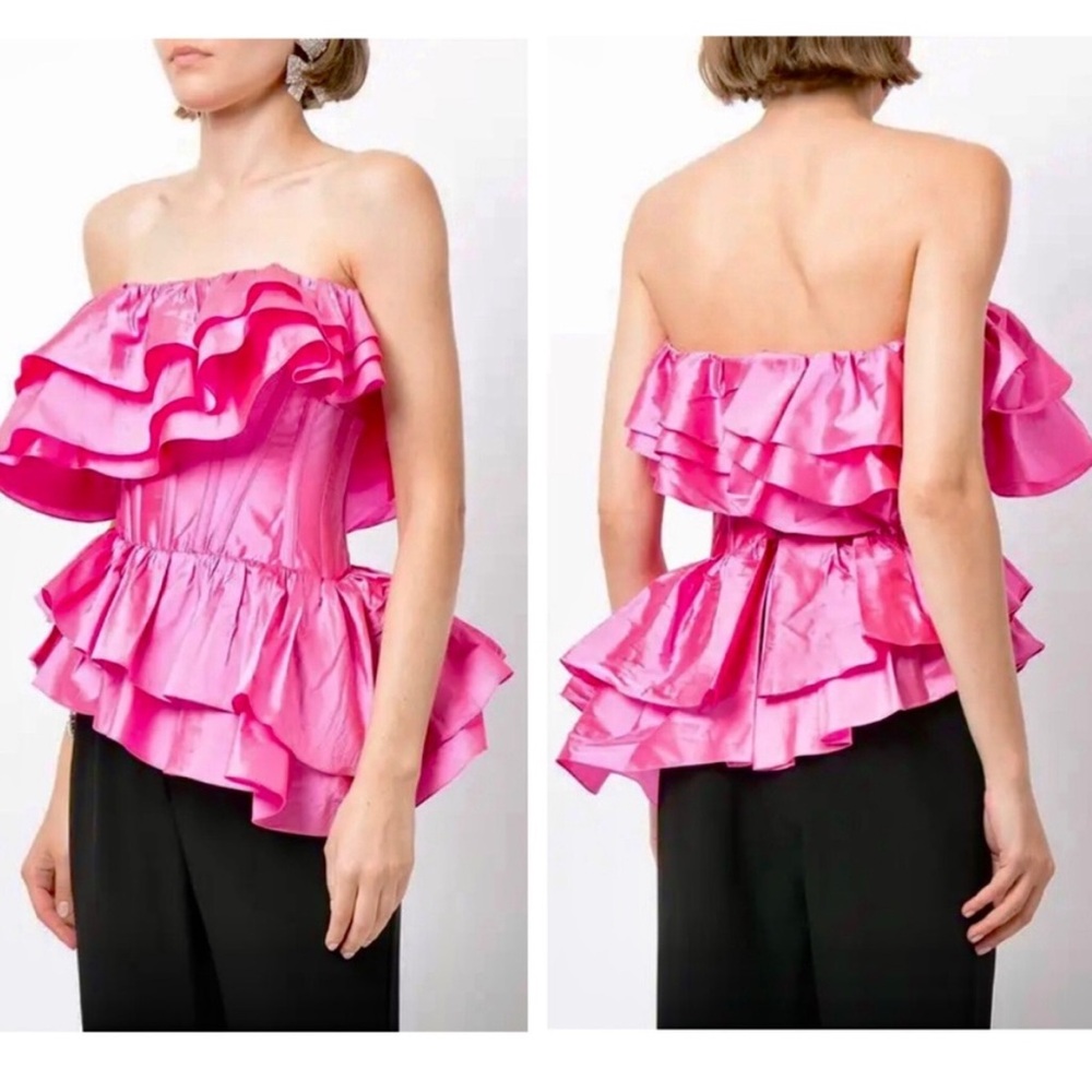ROZIE CORSET Pink silk cold-shoulder ruffled silk blouse Corset S  $575